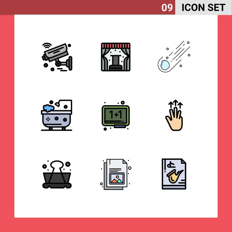 grupo de 9 sinais e símbolos de cores planas de linha preenchida para chuveiro, comércio de banheiro, espaço de banho, elementos de design vetorial editáveis vetor