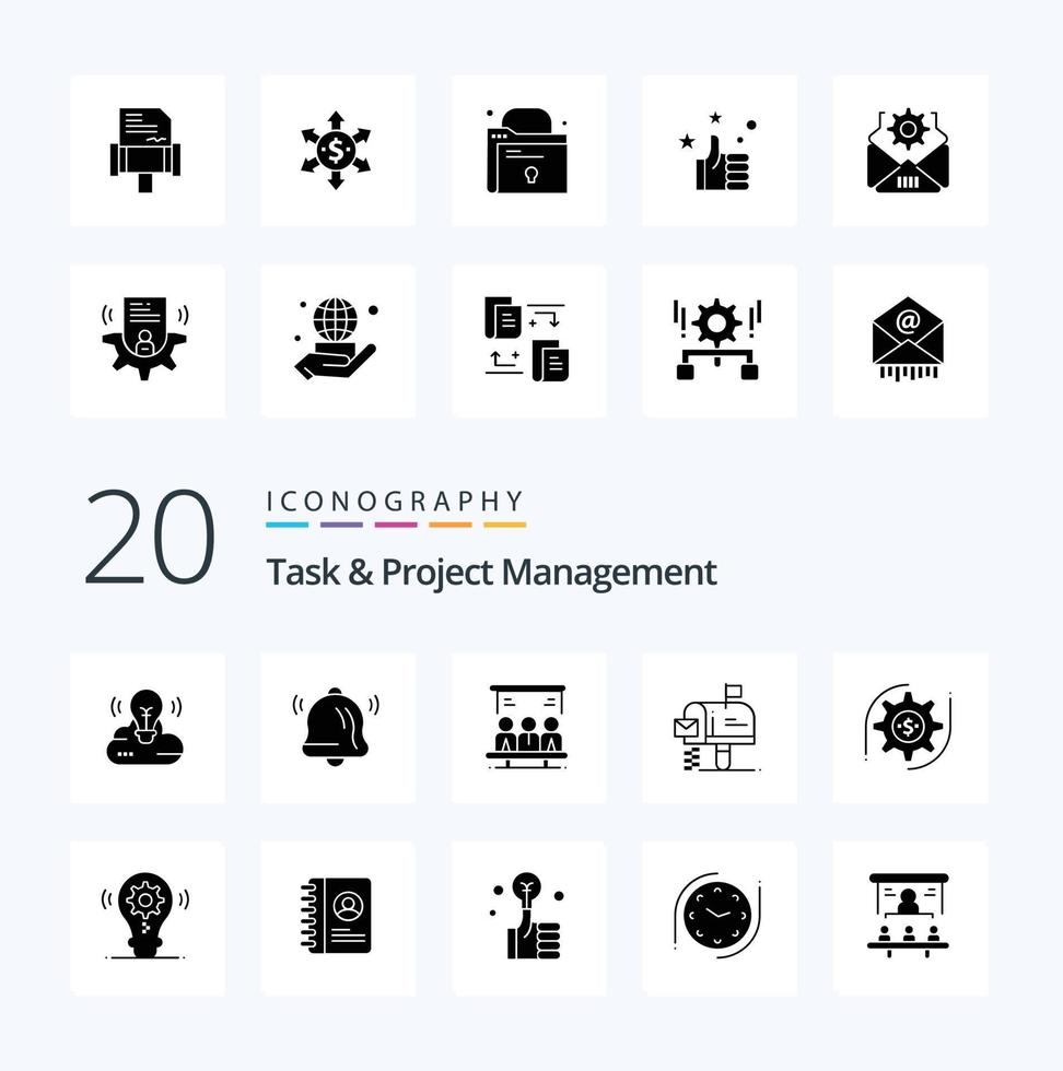 Pacote de ícones de glifo sólido de gerenciamento de 20 tarefas e projetos como tecnologia de notificação de caixa de correio vetor