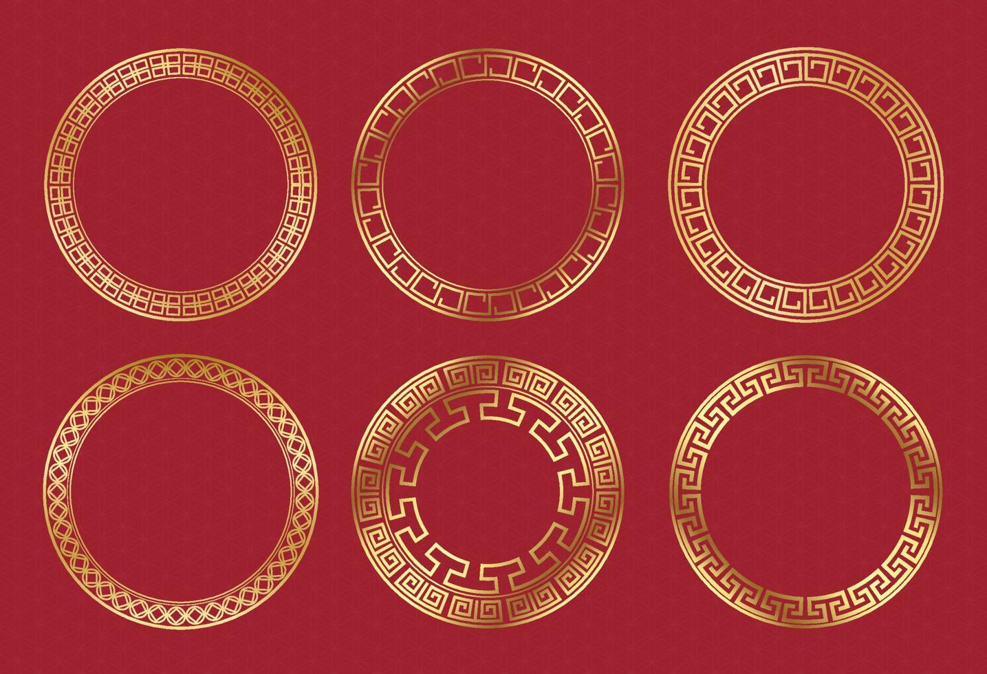 conjunto de coleção vetor decorativo círculo tradicional borda dourada moldura redonda embelezamento para celebrar o festival do ano novo chinês. padrão de meandro floral estilo de ornamento padrão de linha asiática oriental.