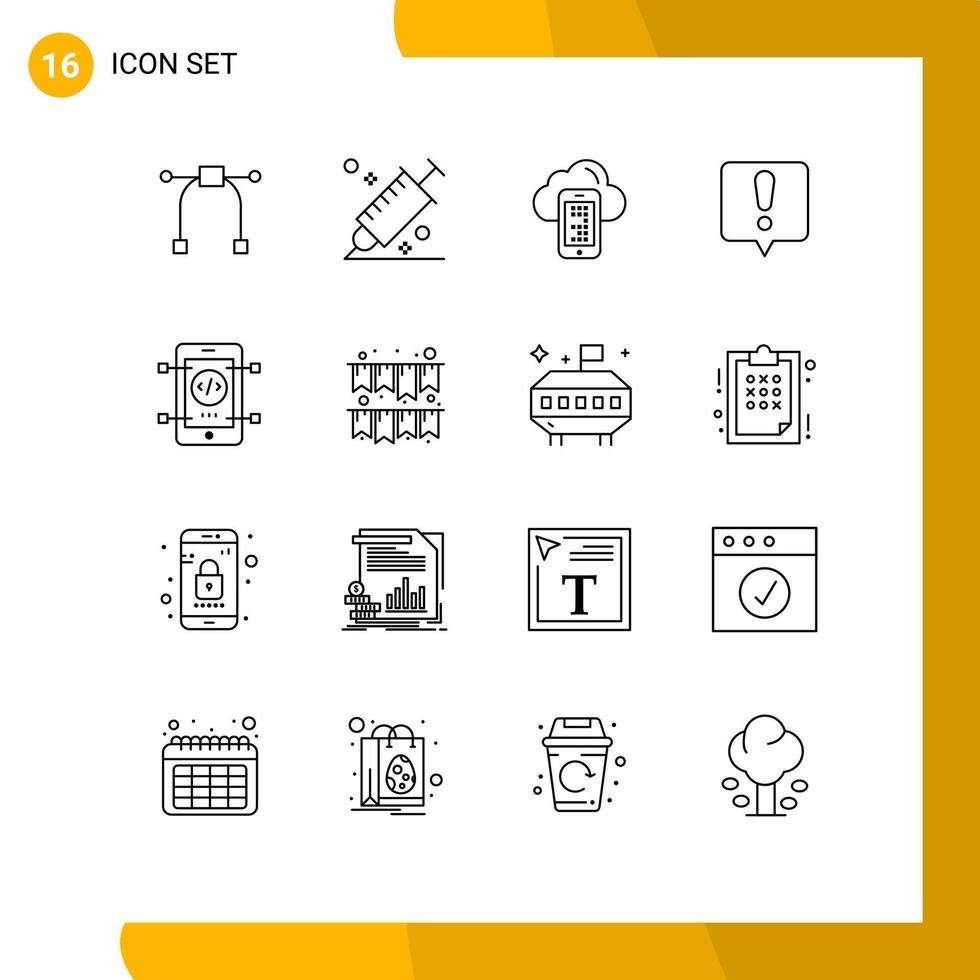 conjunto de esboço de interface móvel de 16 pictogramas de desenvolvimento nuvem móvel ponto de exclamação erro de bate-papo elementos de design vetorial editáveis vetor