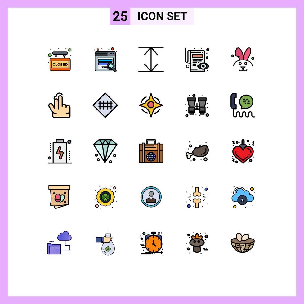 25 cores planas de linha preenchida universal definidas para aplicativos da web e móveis coelho de gesto expandir visualização de páscoa elementos de design de vetores editáveis
