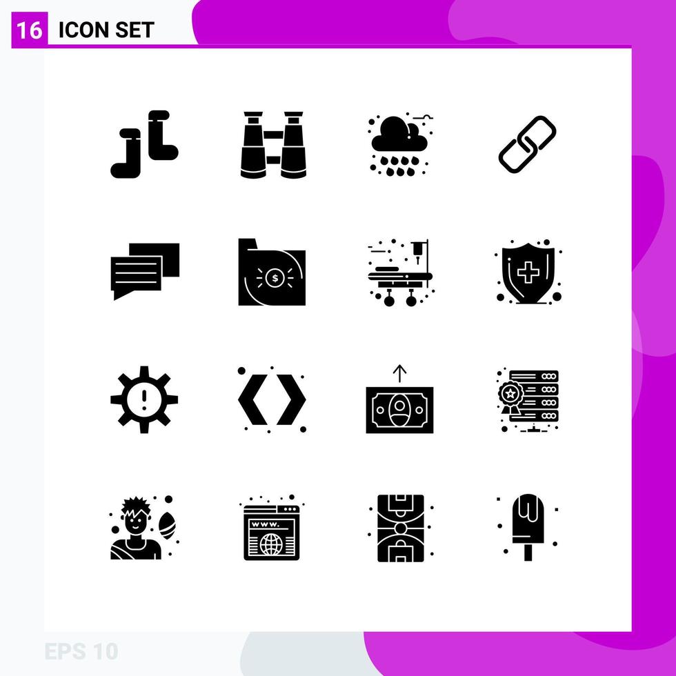 conjunto de glifos sólidos de interface móvel de 16 pictogramas de mensagem bancária elementos de design de vetores editáveis de metal educação meteorológica