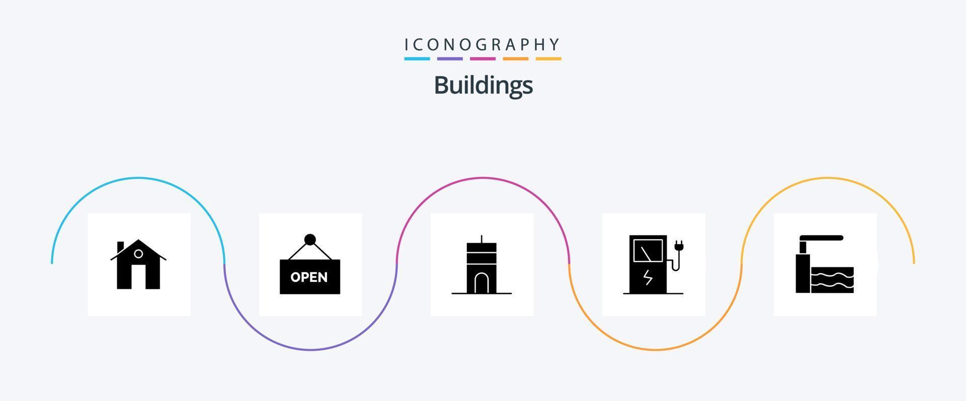 Pacote de ícones de glifo 5 de edifícios, incluindo água. piscina. antena. estação. cobrar vetor