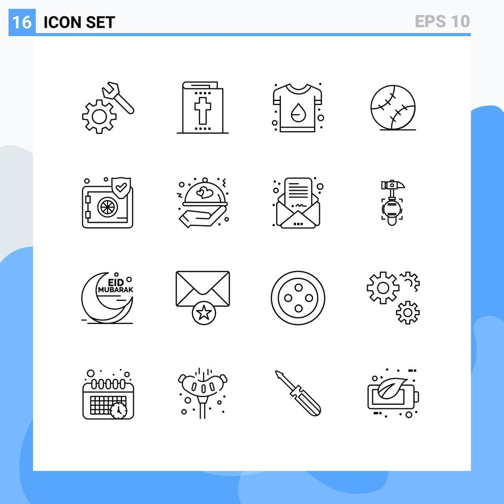 grupo de 16 sinais e símbolos de contornos para design de seguro seguro elementos de design de vetor editável de beisebol costurado