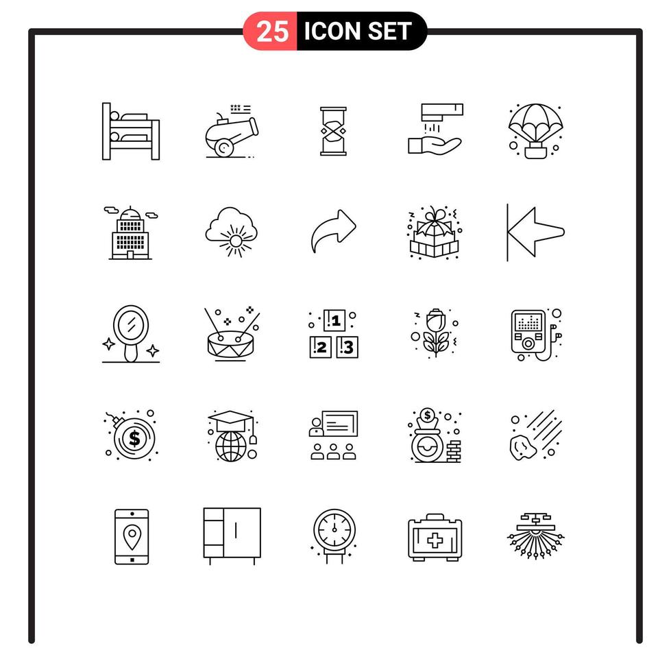 pacote de 25 sinais e símbolos de linhas modernas para mídia impressa na web, como tempo de aventura de balão, limpeza de mão, elementos de design de vetores editáveis