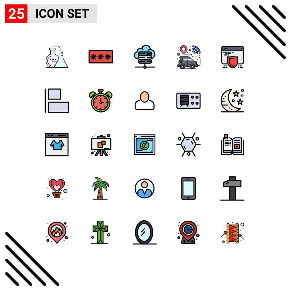 pacote de interface do usuário de 25 cores planas de linha preenchida básica de pino de veículo seo localização gps de carro inteligente elementos de design vetorial editáveis vetor