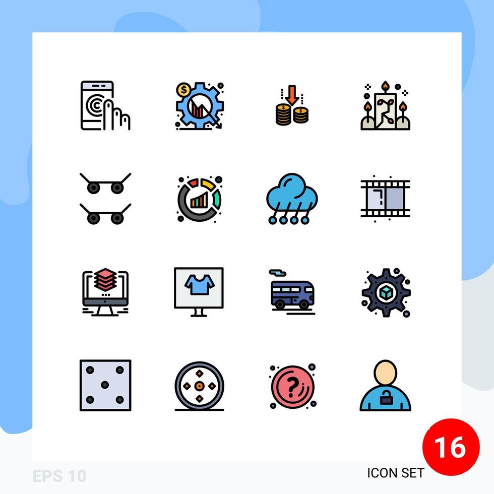 pacote de interface do usuário de 16 linhas básicas cheias de cores planas de engrenagem de iluminação ornamental fundo de vela editável elementos de design de vetor criativo