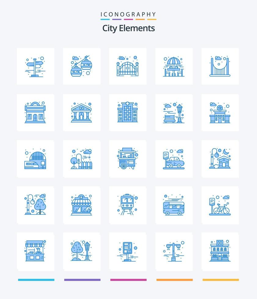 elementos criativos da cidade 25 pacote de ícones azuis, como passagem. ponte. portão. mesa de estar. bebendo vetor