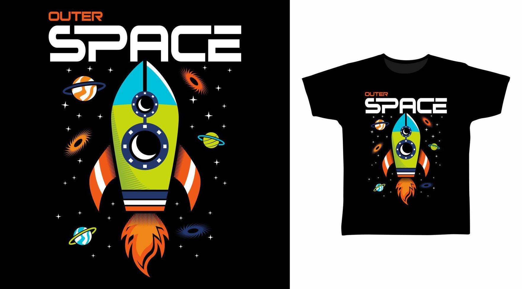 design de conceito de camisetas de desenho animado de foguete espacial vetor