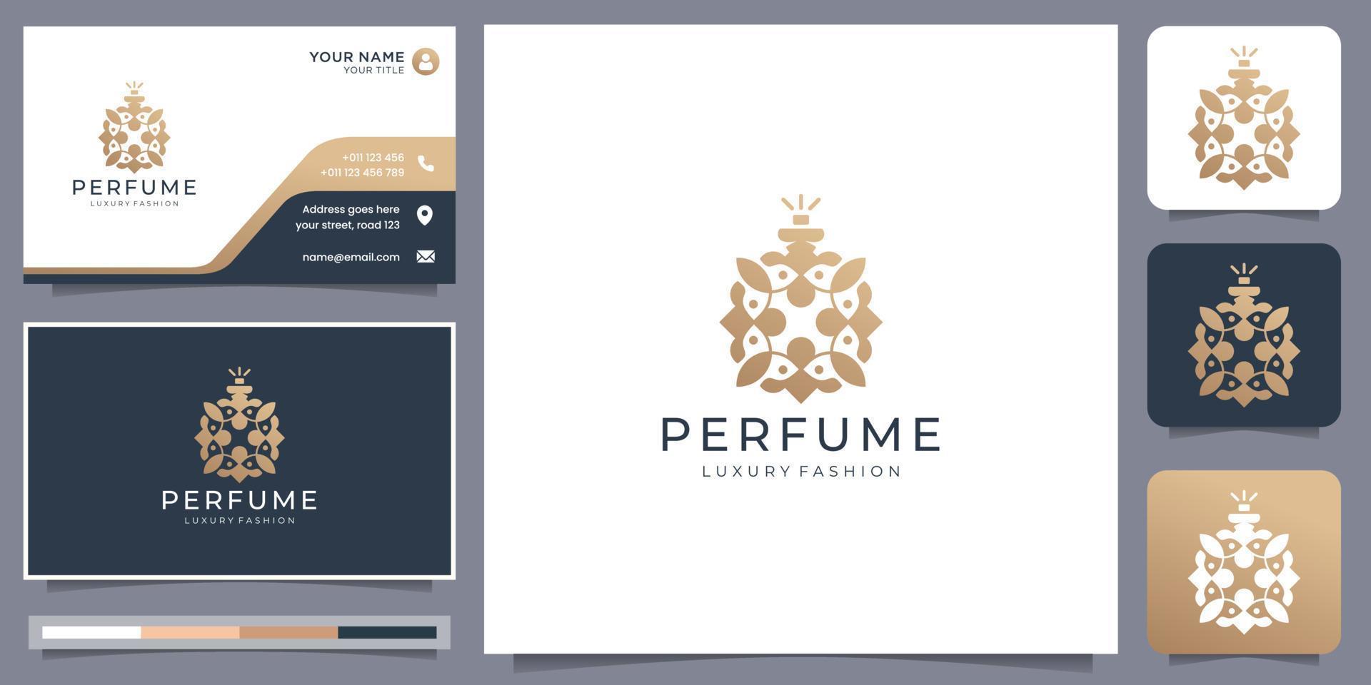 modelo de logotipo de frasco de perfume elegante. conceito criativo com design de símbolo de garrafa abstrata de folhas. vetor