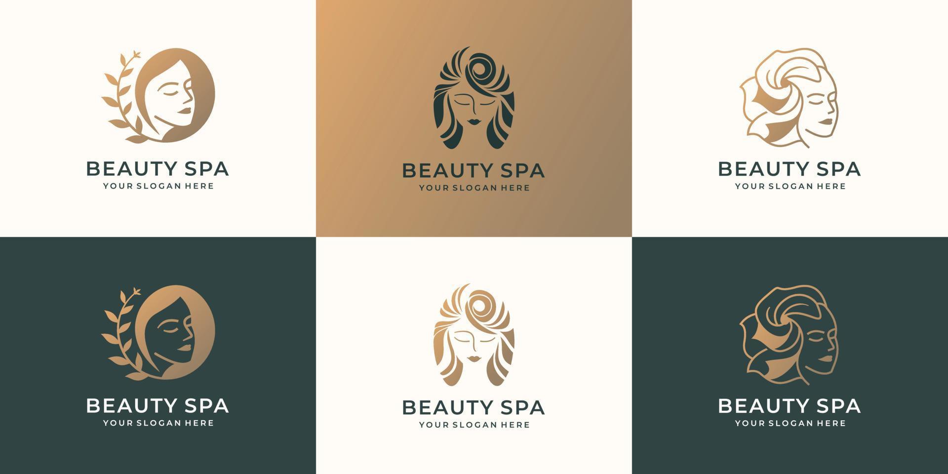 conjunto de logotipo de mulher de beleza. estilo de cabelo de mulher de spa de beleza feminina, cor dourada, inspiração de logotipo de beleza. vetor