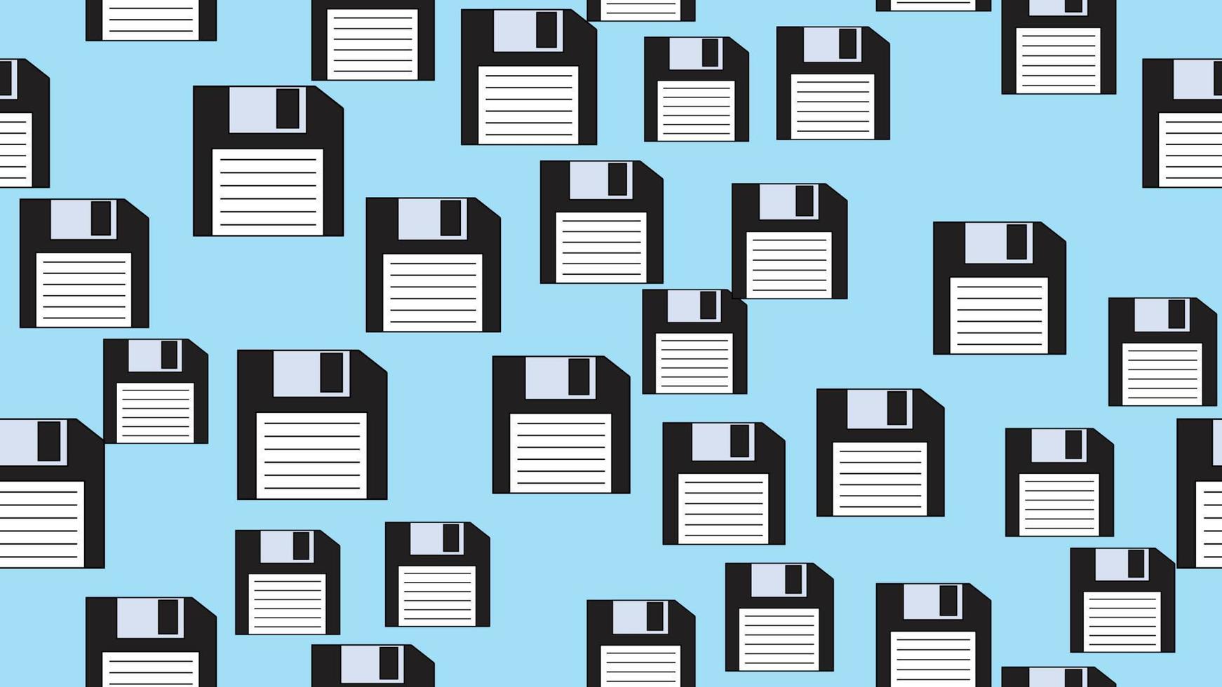 Computador sem fim sem costura padrão com disquetes antigos retrô vintage branco hipster dos anos 70, 80, 90 isolados em um fundo azul. ilustração vetorial vetor