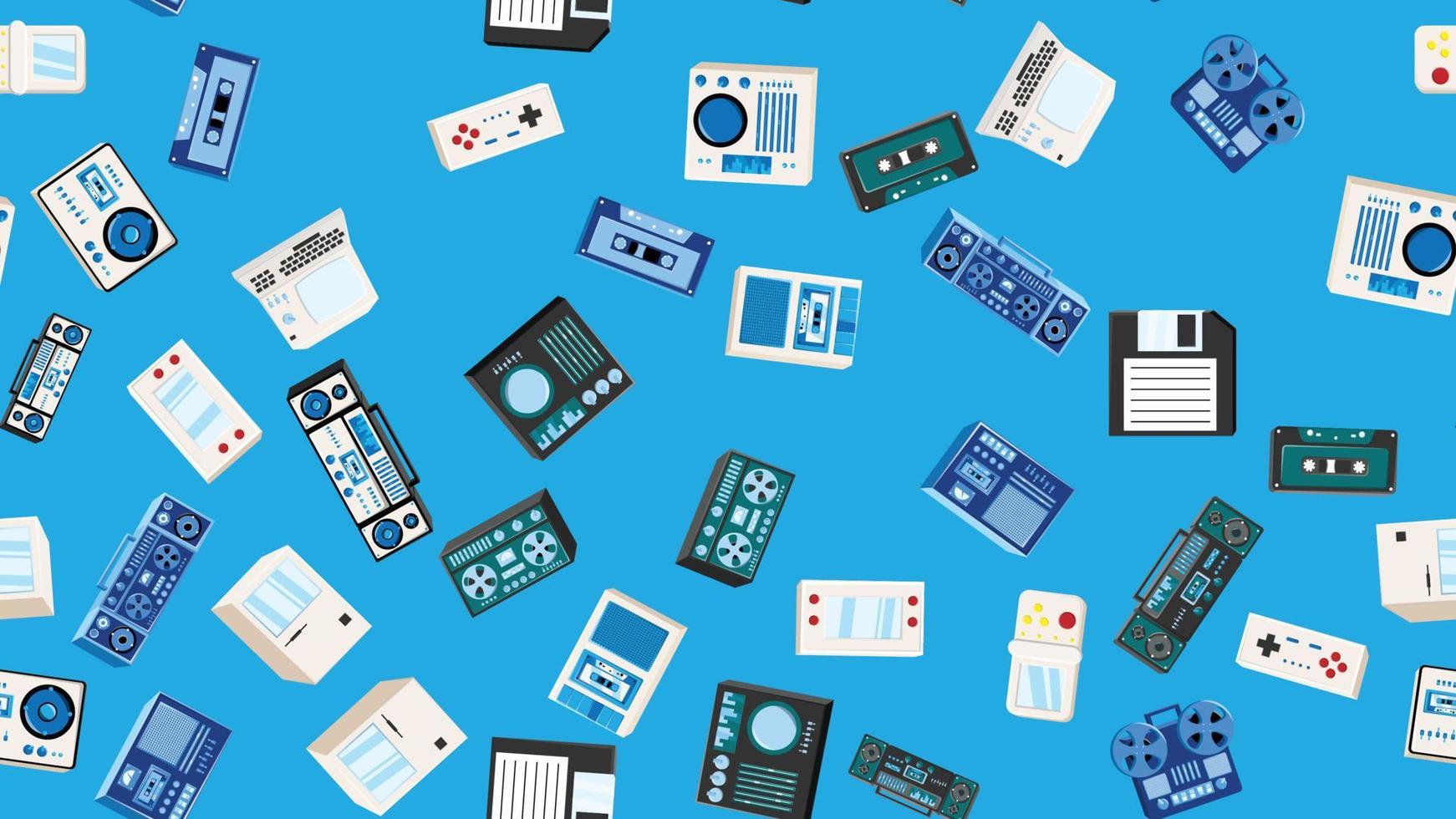 padrão perfeito sem fim com equipamentos eletrônicos de tecnologia velho hipster vintage retrô dos anos 70, 80, 90 isolados em fundo azul. ilustração vetorial vetor