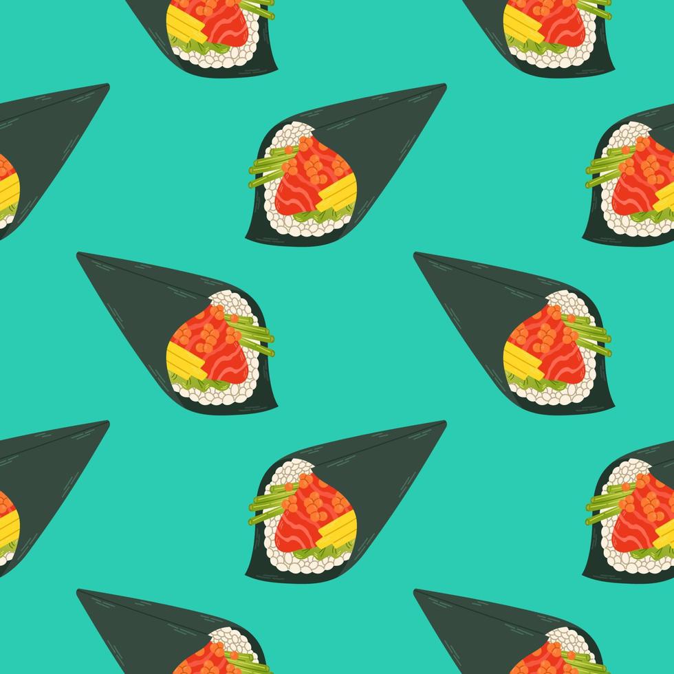 rolos de sushi sem costura padrão design de vetor de comida asiática do Japão isolado em fundo colorido. ilustração vetorial