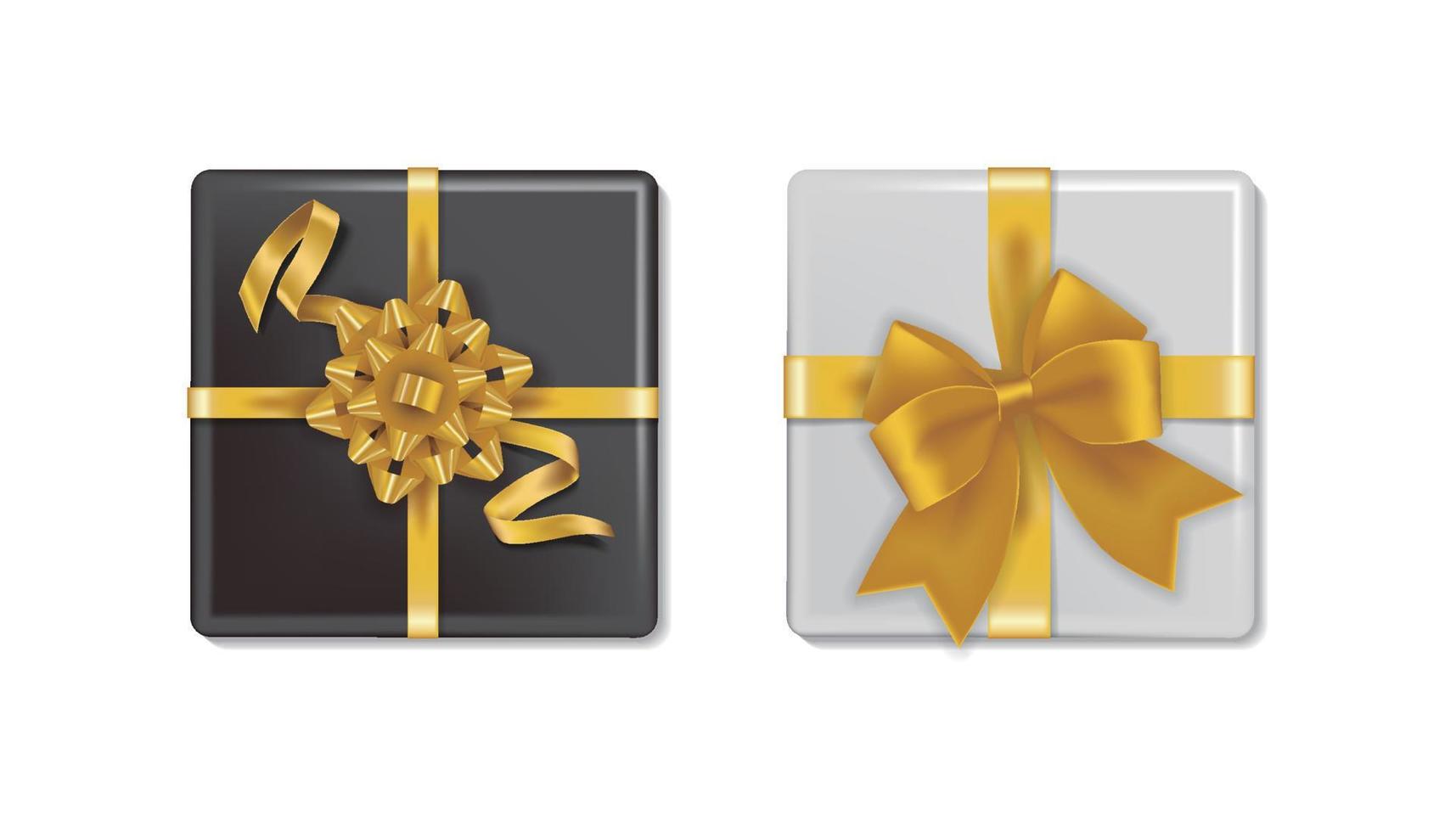 conjunto de caixas de presente amarradas com fitas douradas, com embalagem branca e preta vetor