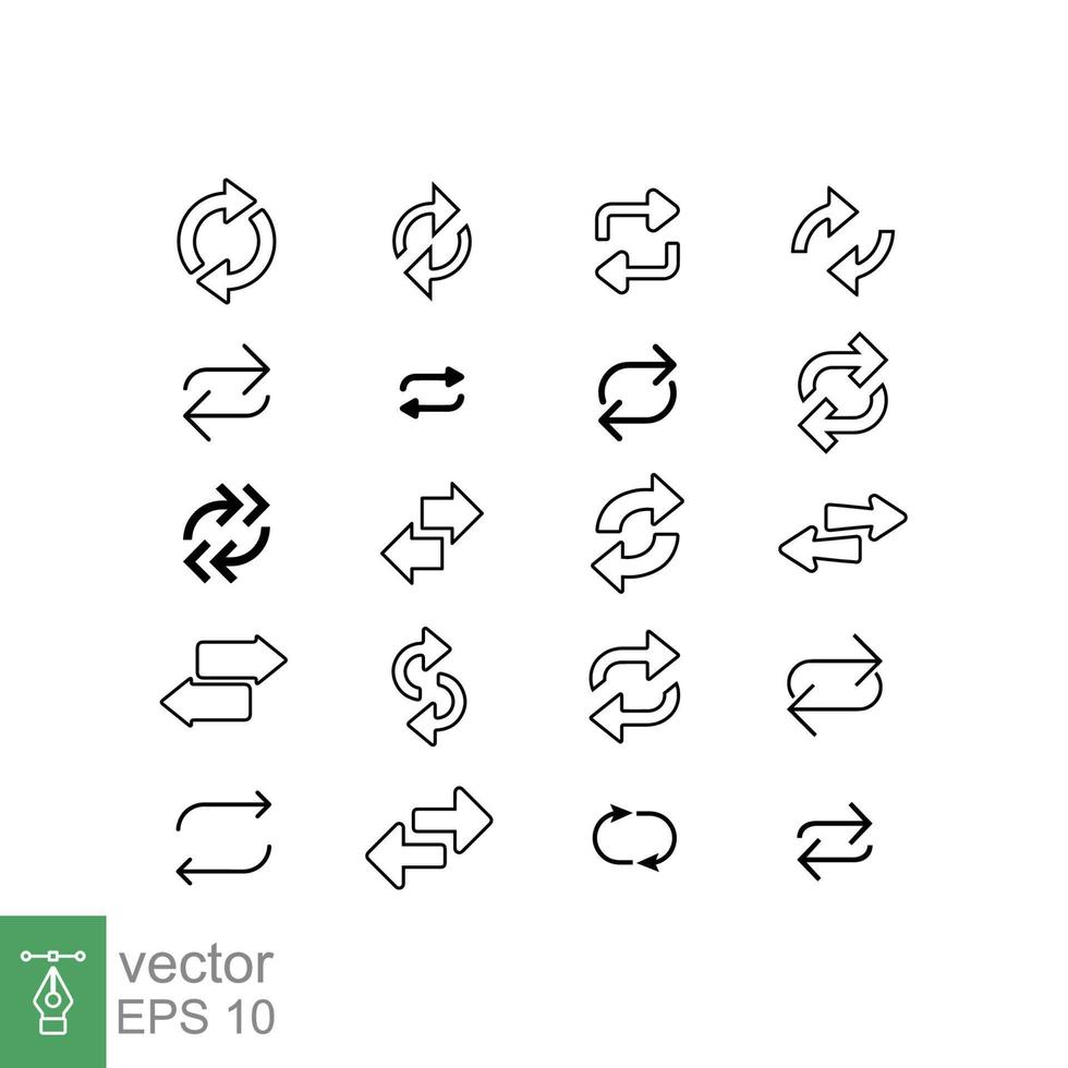 seta reversa dupla, substitua o conjunto de ícones. estilo de contorno simples. transferir, alternar, trocar, inverter, alterar, trocar a coleção de sinais lineares em fundo branco. ilustração em vetor linha fina. eps 10.