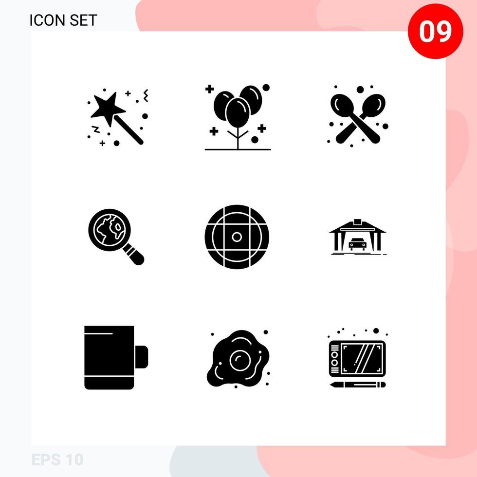 grupo de símbolos de ícone universal de 9 glifos sólidos modernos de lupa comércio eletrônico utensílios de férias loja de elementos de design de vetores editáveis