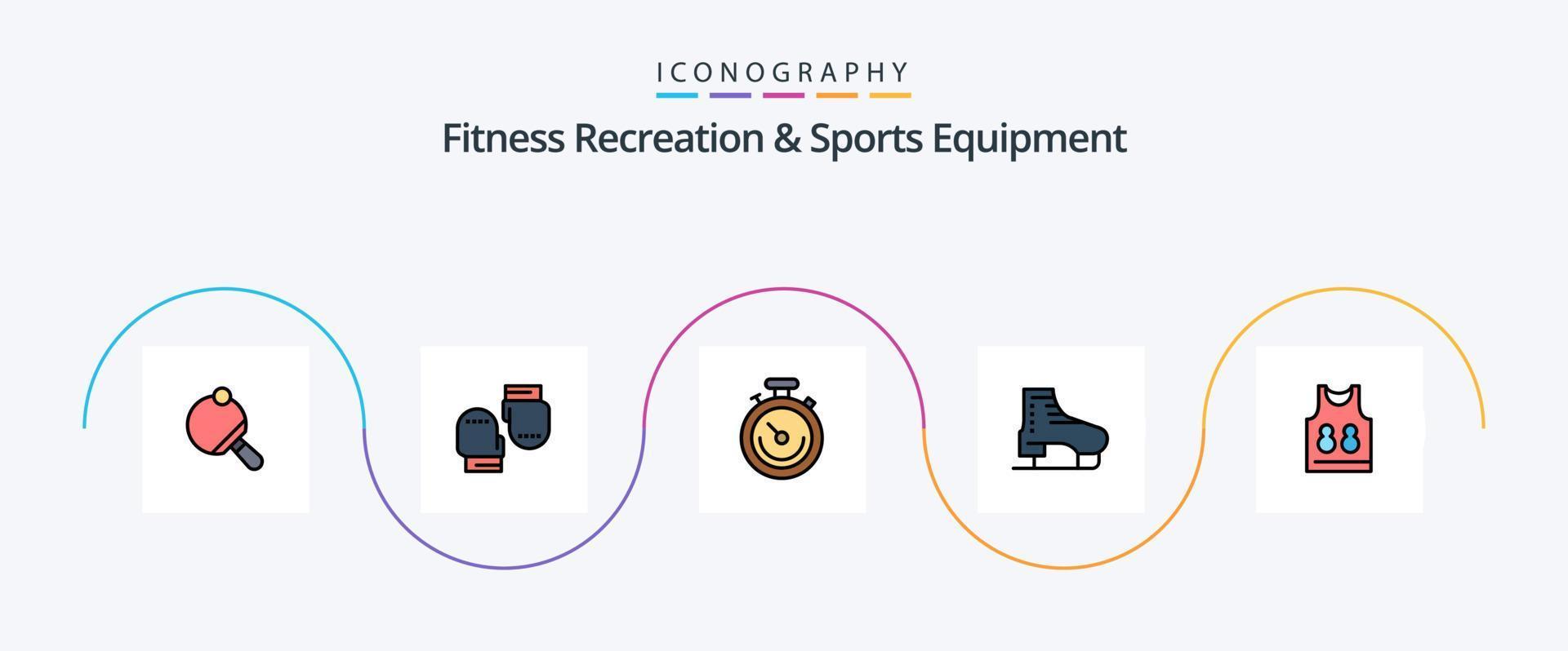 Recreação fitness e linha de equipamentos esportivos preenchida com 5 ícones planos, incluindo camisa. patins. relógio. patim. bota vetor