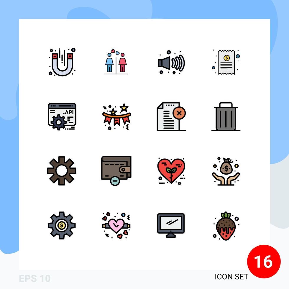 pacote de interface do usuário de 16 linhas básicas preenchidas de cores planas da interface do programa de aplicação api gás finanças recebimento de dinheiro elementos de design de vetores criativos editáveis