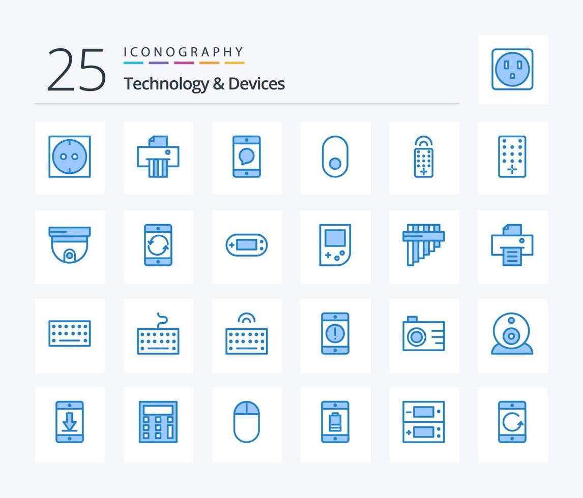 dispositivos 25 pacote de ícones de cor azul, incluindo telhado. televisão. mensagem. controlo remoto. sem fio vetor