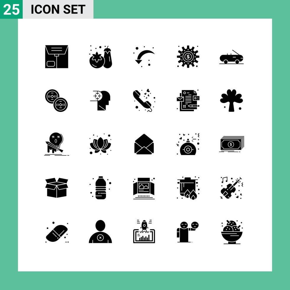 conjunto de pictogramas de 25 glifos sólidos simples de moedas cabriolet seta para a direita trabalho dinheiro editável elementos de design vetorial vetor