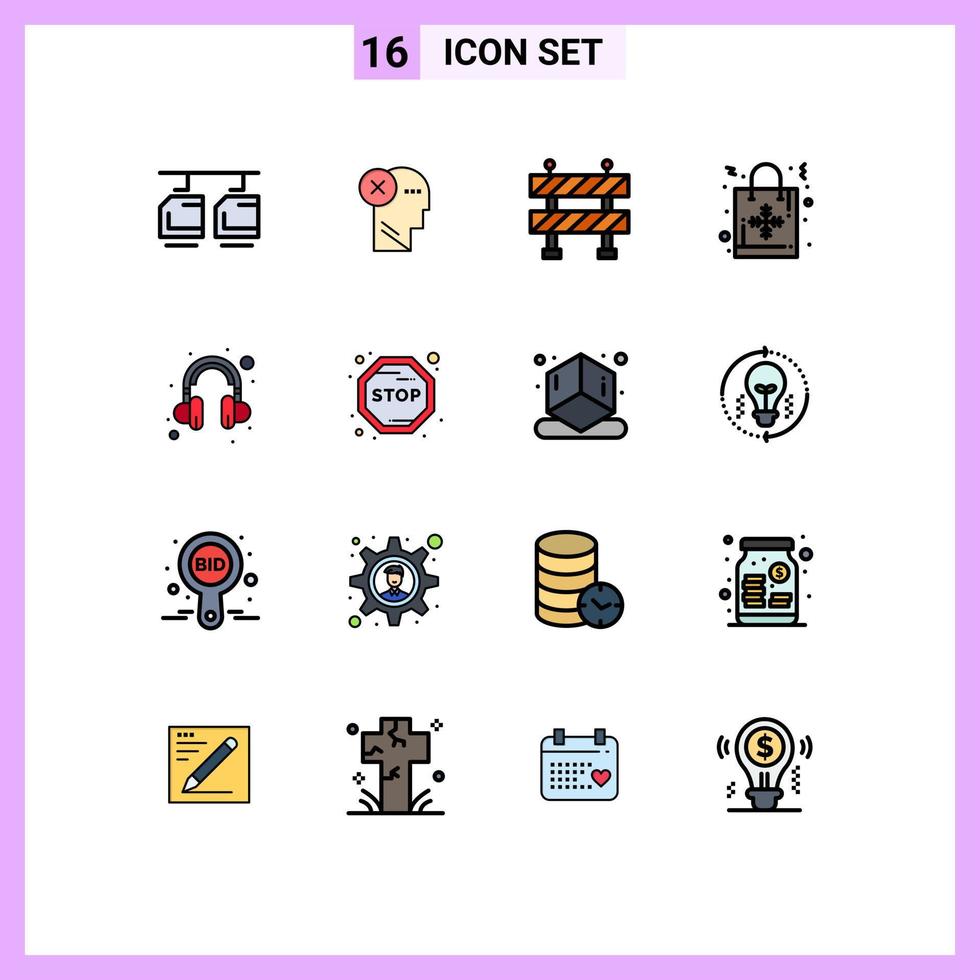 16 conceito de linha cheia de cores planas para sites móveis e aplicativos fone de ouvido marca de presente saco de natal estrada editável elementos de design de vetor criativo