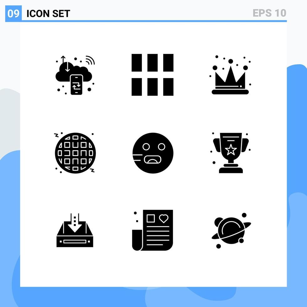 pacote de 9 sinais e símbolos de glifos sólidos modernos para mídia impressa na web, como layout de emojis famintos, waffle de comida rápida, elementos de design de vetores editáveis