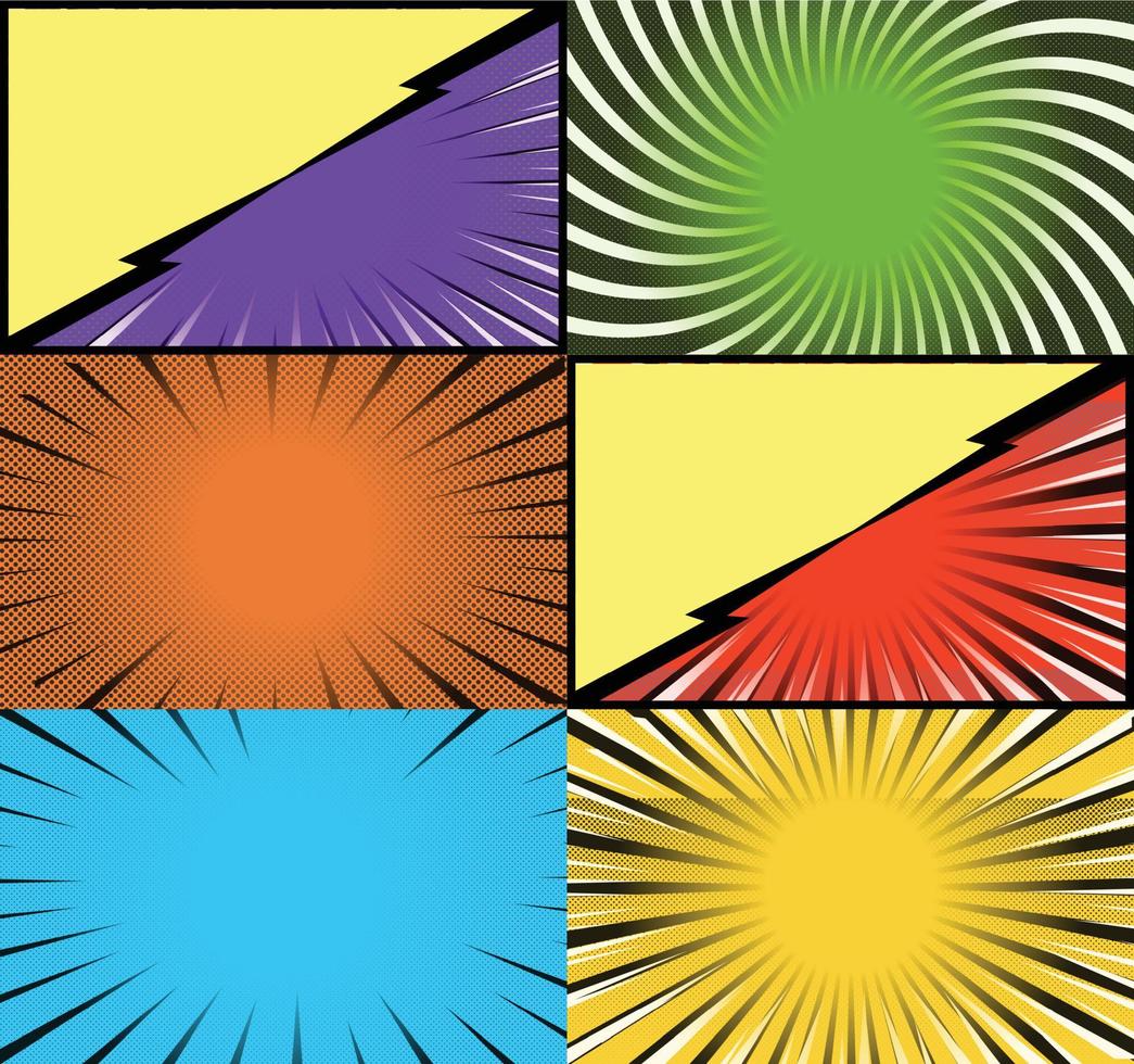 fundo de quadros coloridos de quadrinhos com raios de meio-tom radial e efeitos pontilhados estilo pop art vetor