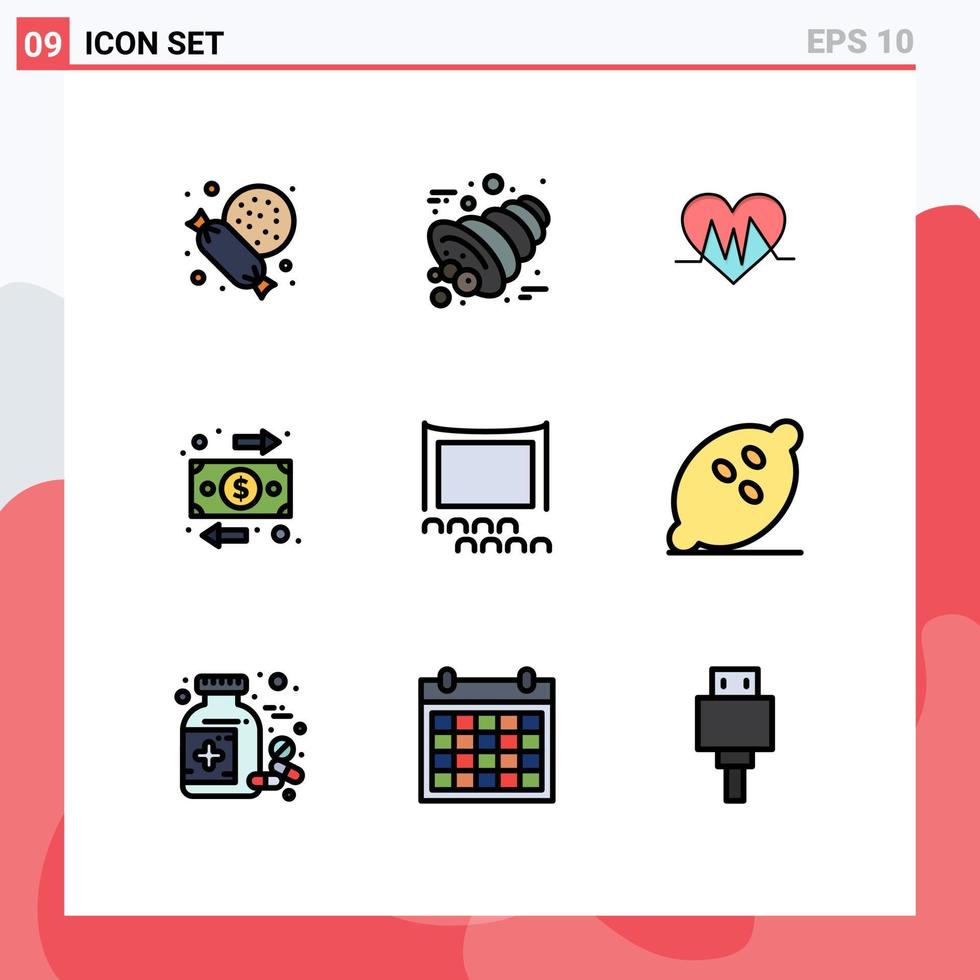 pacote de interface do usuário de 9 cores planas básicas de linhas preenchidas de elementos de design de vetores editáveis de multidão, audiência, dinheiro, negócios