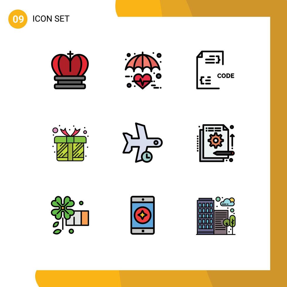 conjunto de cores planas de linha preenchida de interface móvel de 9 pictogramas de caixa presente desenvolvimento de presente de coração elementos de design de vetores editáveis