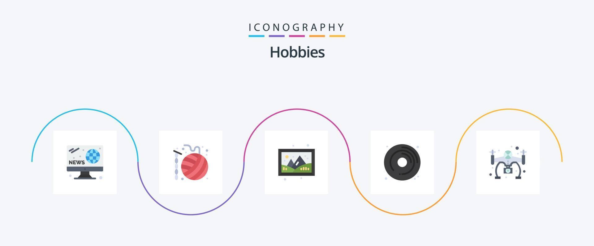 Hobbies flat 5 icon pack incluindo hobbies. hobbies. tricotar. DVD. passatempo vetor