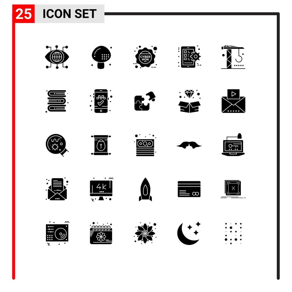 25 ícones criativos, sinais e símbolos modernos de configuração de construção, venda de telefone de cogumelo, elementos de design de vetores editáveis