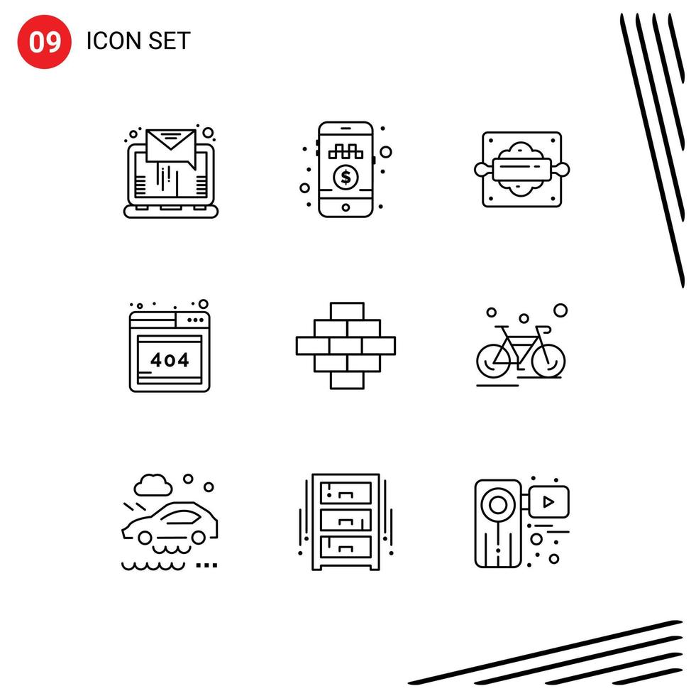 conjunto de 9 sinais de símbolos de ícones de interface do usuário modernos para elementos de design de vetores editáveis do navegador da web de padaria de tijolos de construção