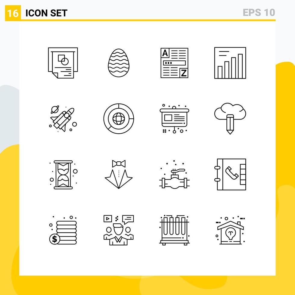 grupo de símbolos de ícone universal de 16 contornos modernos de navegador de mísseis de negócios fly analytics elementos de design de vetores editáveis