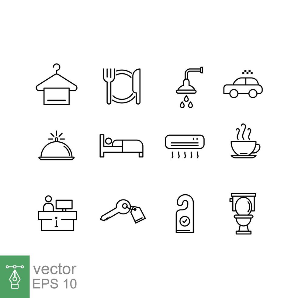 conjunto de ícones do hotel. quarto, hóspede, recepção, cama, café da manhã, hospitalidade, porteiro, pousada, símbolo de sinal de linha. estilo de contorno simples. projeto de ilustração vetorial isolado no fundo branco. eps 10. vetor