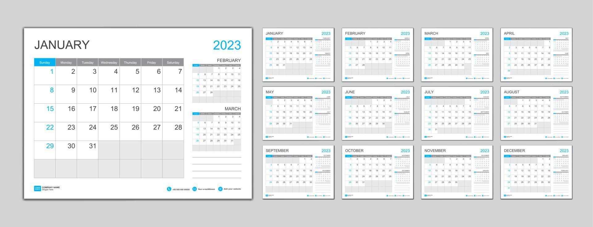 modelo de calendário mensal para 2023 ano, planejador 2023 ano, semana começa no domingo. calendário de parede em estilo minimalista, modelo de calendário de mesa 2023, design de calendário de ano novo, vetor de modelo de negócios