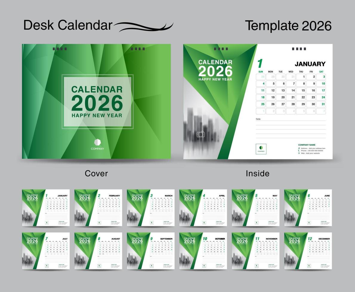 conjunto de modelo de calendário de mesa 2026 e design de capa verde polígono, conjunto de 12 meses, design de calendário criativo 2026, calendário de parede 2026 ano, planejador, modelo de negócios, artigos de papelaria, mídia de impressão vetor