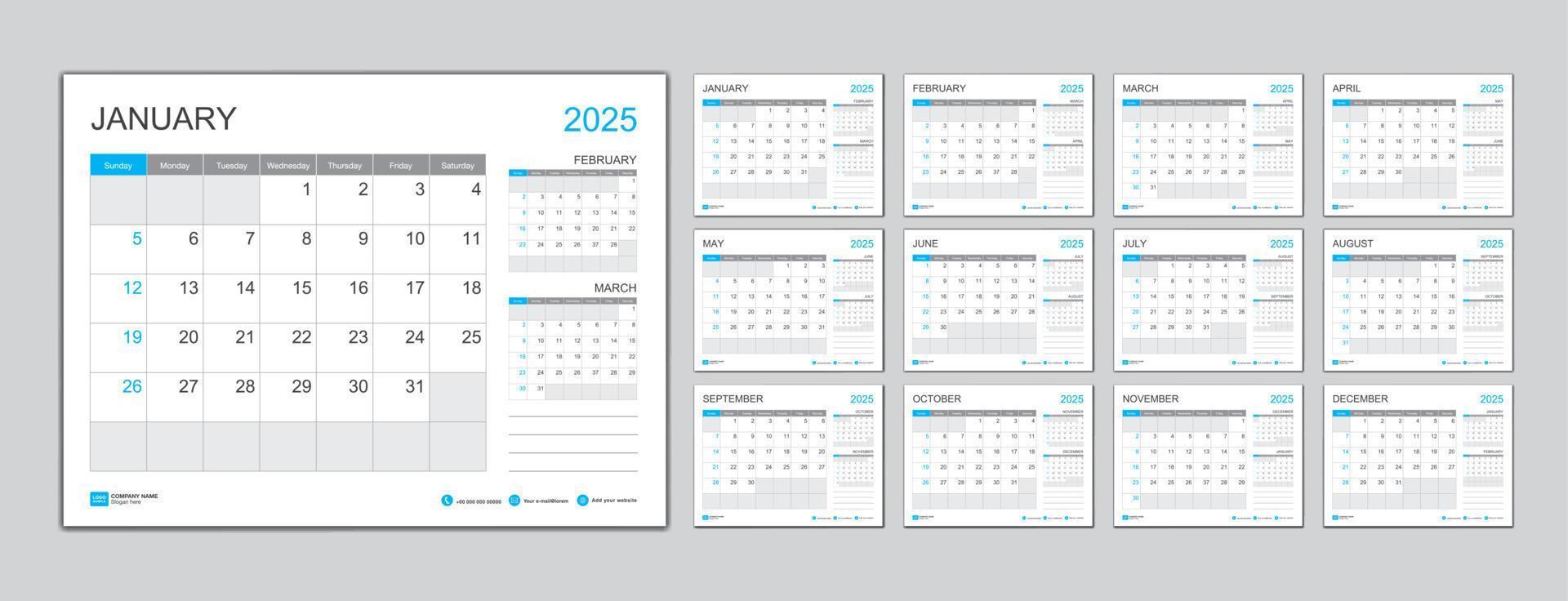 modelo de calendário mensal para o ano 2025, planejador 2025 ano, a semana começa no domingo. calendário de parede em estilo minimalista, modelo de calendário de mesa 2025, design de calendário de ano novo, vetor de modelo de negócios