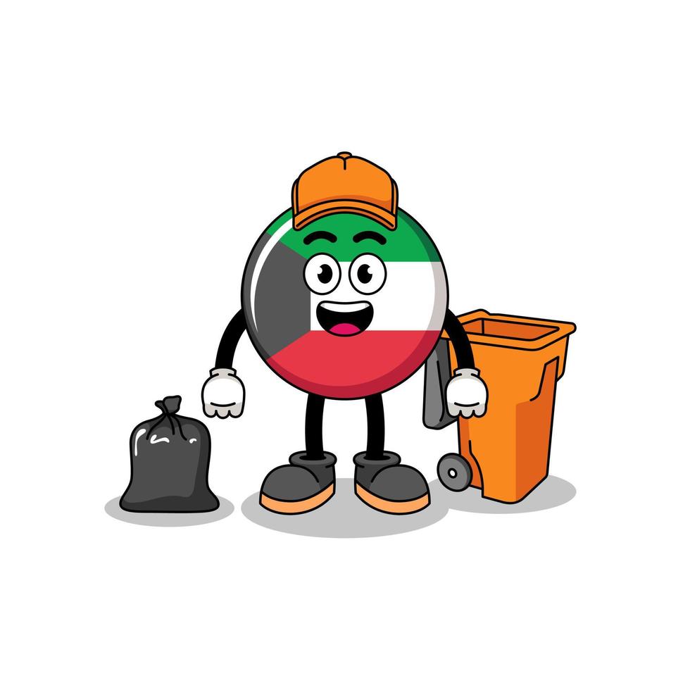 ilustração do desenho animado da bandeira do kuwait como coletor de lixo vetor