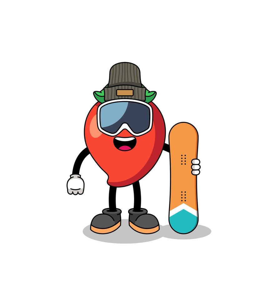 desenho de mascote de jogador de snowboard de pimenta malagueta vetor