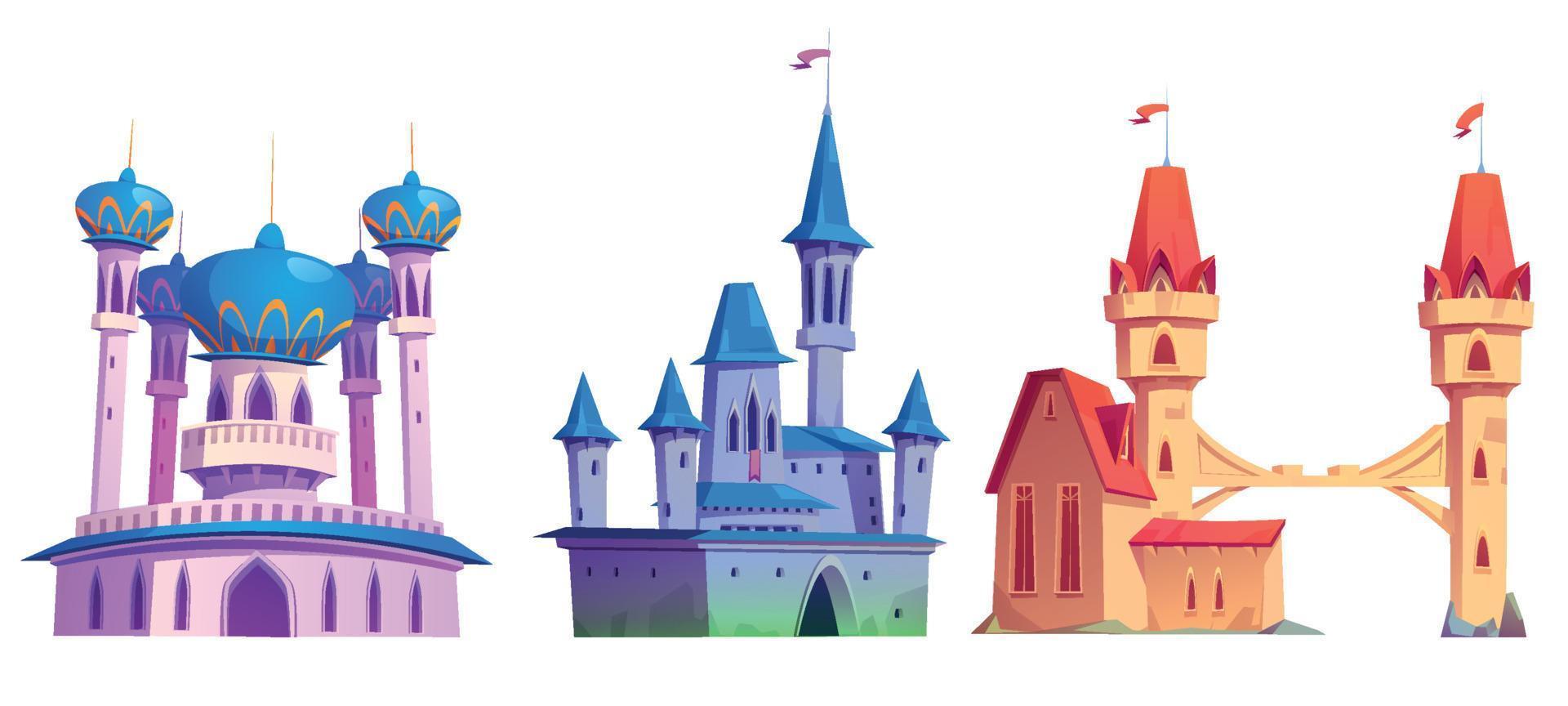 castelos mágicos, palácios de contos de fadas com torres vetor