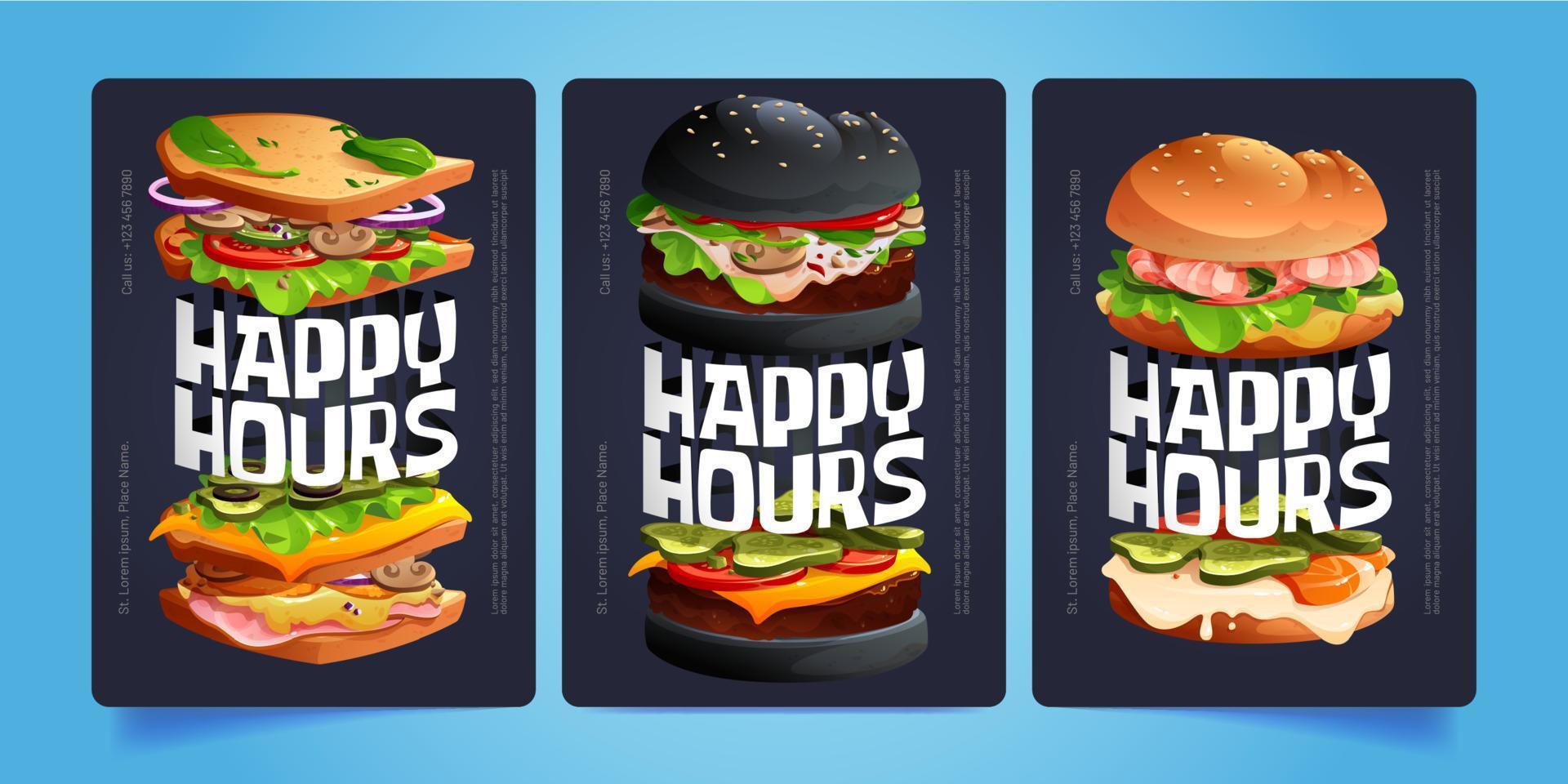 conjunto de desenhos animados de modelos de folheto promocional de happy hours vetor