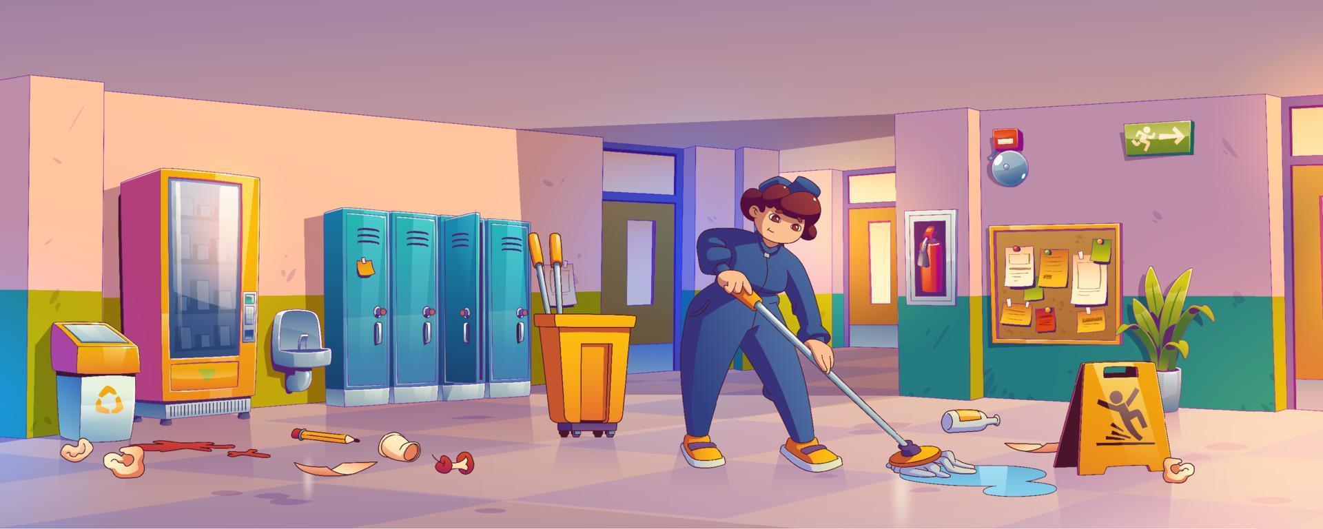 mulher zeladora limpando o chão no corredor da escola vetor