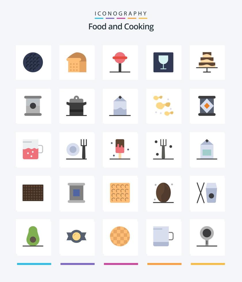 comida criativa 25 pacote de ícones planos, como fogão. preserva. doce. Comida. Comida vetor
