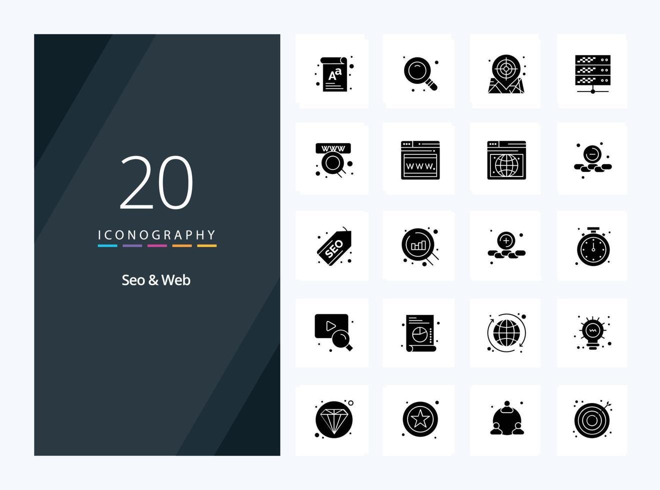 20 seo web ícone de glifo sólido para apresentação vetor