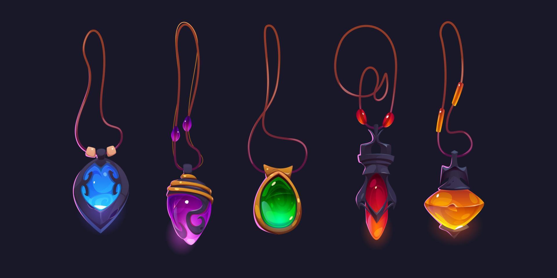 conjunto de amuletos mágicos no colar isolado no escuro vetor