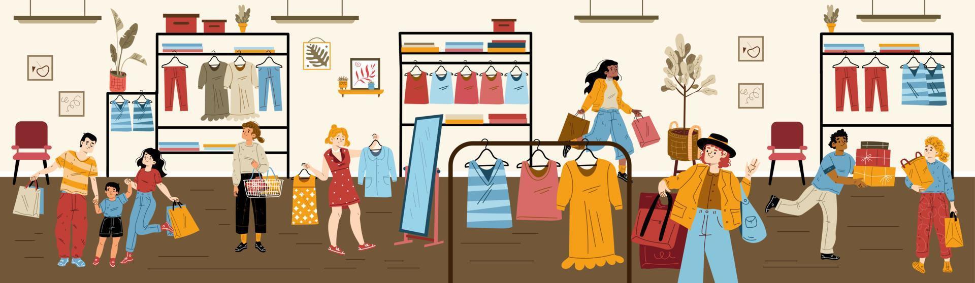 loja de moda com compradores felizes e roupas vetor