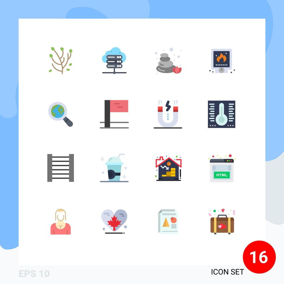 pacote de 16 sinais e símbolos modernos de cores planas para mídia impressa na web, como lupa, comércio eletrônico, sauna, fogo, encanamento, pacote editável de elementos de design vetorial criativo vetor