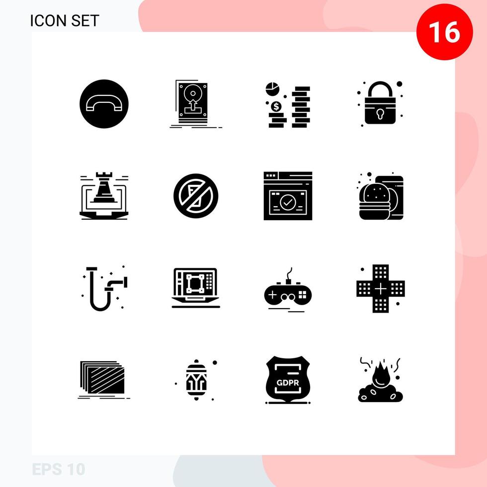 16 glifos sólidos vetoriais temáticos e símbolos editáveis de fechadura de moeda segura de torre salvando elementos de design vetorial editáveis vetor