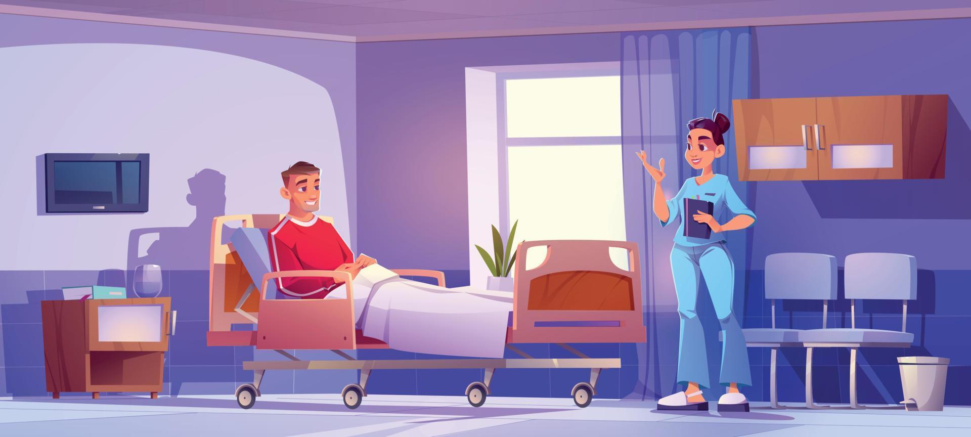 enfermaria de hospital com paciente na cama e médico vetor